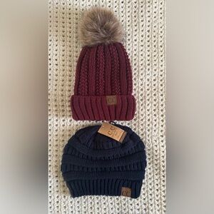 2) Women’s CC Navy & Burgundy Pom Pom Beanie Hats Winter Ski Snow Outdoor Cozy